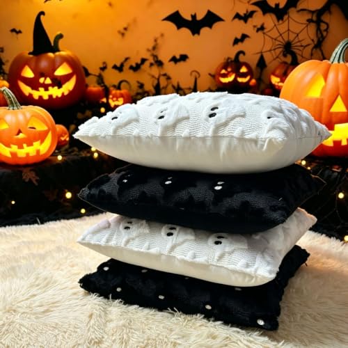 Ghost Pillow Covers 18x18 Inch Halloween Decor - Black & White 2 Pack