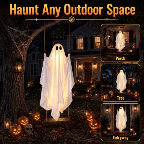 Large 5FT Hanging Ghost Decor with Remote Lights for Halloween Outdoors
