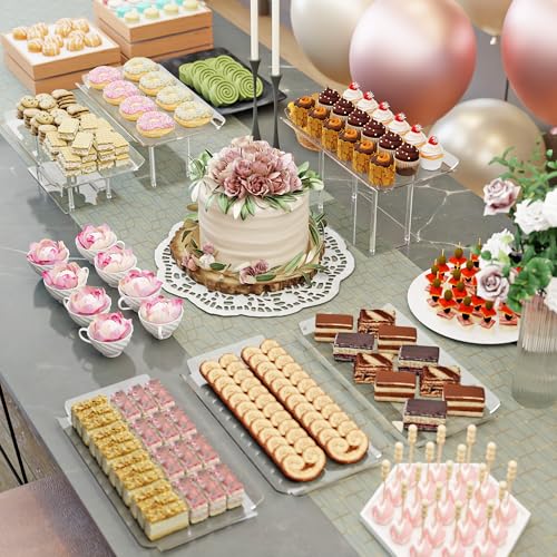 6 Pack Acrylic Dessert Display Set - Clear Cake Stands & Trays for Wedding & Party