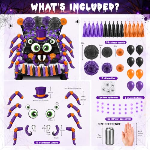 Halloween Car Decorations Kit with Spider Web Lights and Accessories for Trunk Display