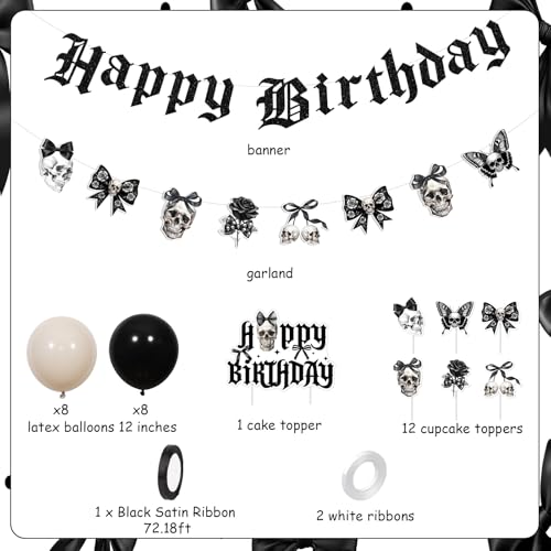 Gothic Birthday Decorations Set with Banner Balloons Cake Toppers Skull Skeleton
