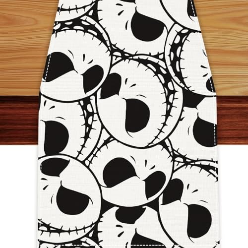 Halloween Skeleton Skull Table Runner Black & White 13x72 Inches - Gothic Holiday Decor