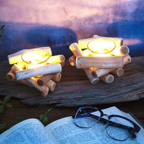 Wooden Tea Light Candle Holder Set with Glass Cups - Rustic Coastal Style, Pack of 3