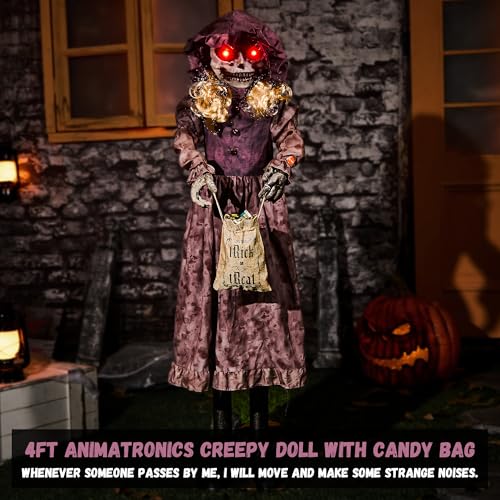 4ft Creepy Animatronic Doll Halloween Decorations - Light Up Eyes Sound Activated Horror Prop