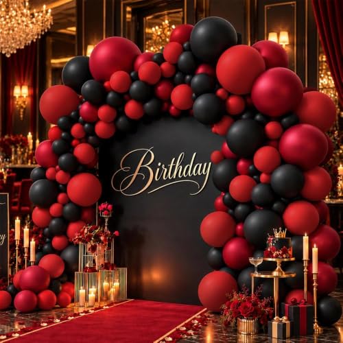 Double Stuffed Black Red Balloon Arch Kit - Burgundy & Black Party Decor