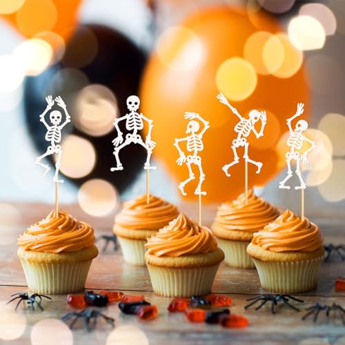 White Skeleton Cupcake Toppers 25Pcs Glitter Skeleton Decorations for Halloween Party & Gothic Birthdays - Variation: White Skeleton