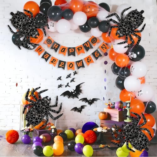 Halloween Black Spider Balloons Set - 6 Latex Party Decorations with Cobweb Design - Variation: Black