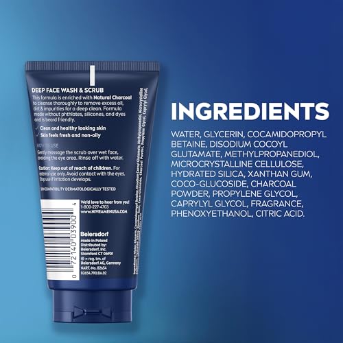 NIVEA MEN Deep Clean Face Wash and Scrub with Natural Charcoal, Exfoliating Face Wash for Men Removes Excess Oil, Dirt and Impurities, Beard Friendly Skin Care, 2.5 Fl Oz Tube, Pack of 3