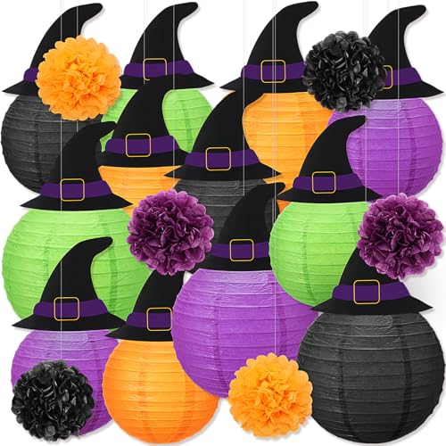 Halloween Paper Lanterns Decorations Kit with Witch Hats and Pom Poms - Indoor Outdoor Party Supplies