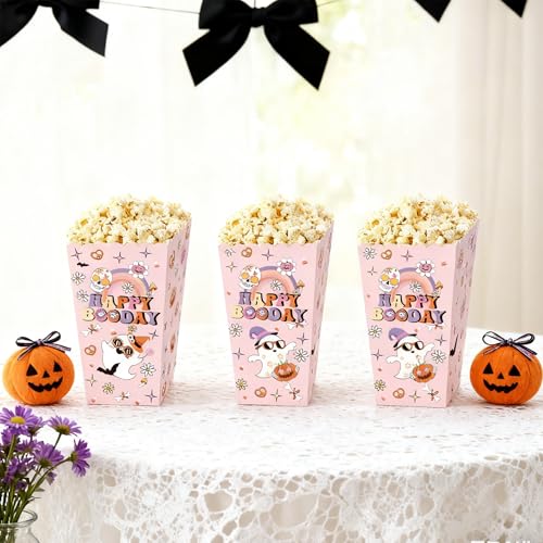 Pink Ghost Halloween Popcorn Boxes - Party Favor Goodie Bags (12 Pack)