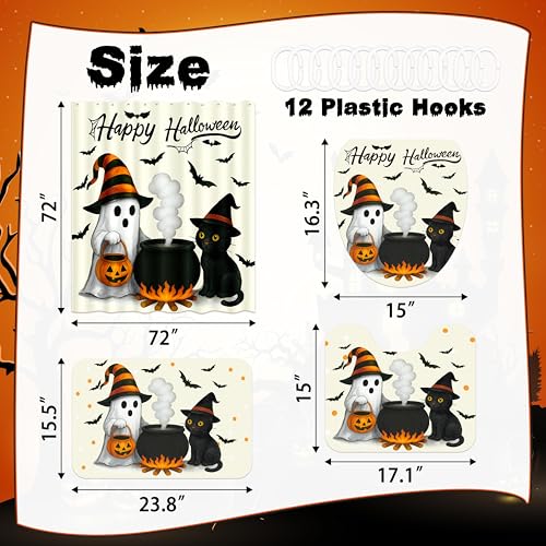 Halloween Shower Curtain Set with Bath Mat Toilet Cover and Hooks - Spooky Ghost Cat Pumpkin Decor
