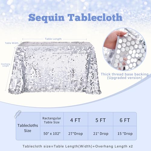 Silver Sequin Tablecloth - 50 x 102 Inches Rectangular Sparkle Fabric for Parties & Events
