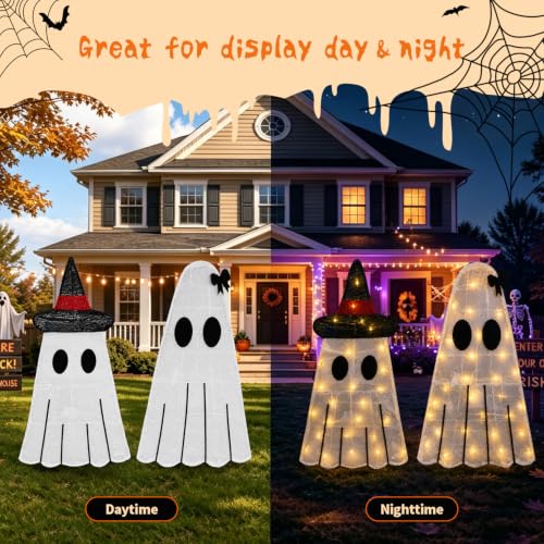 Halloween Ghost Decor Light-up Outdoor Ghost with Black Hat - 2 Pack