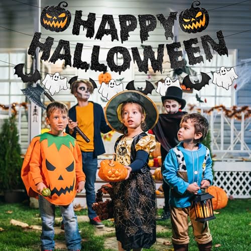 Black Glitter Halloween Banner with Pumpkin Ghost Bat Decorations - Party Wall Decor