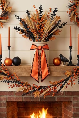 Halloween Orange & Black Satin Wreath Sash Set - Variation: Orange Black Wave
