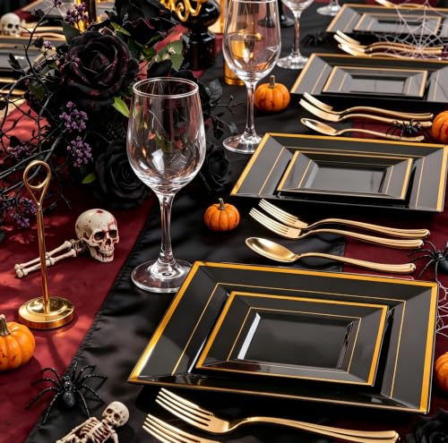 Square Black and Gold Plastic Plates Set - 50 Dinner & 50 Dessert Disposable Plates for Parties