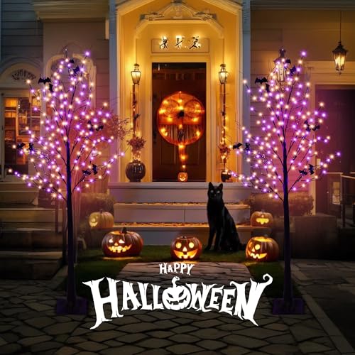 Purple & Orange Halloween Lighted Tree with 260 LEDs, 6FT, Dimmable & Timer, Indoor Outdoor Decorations