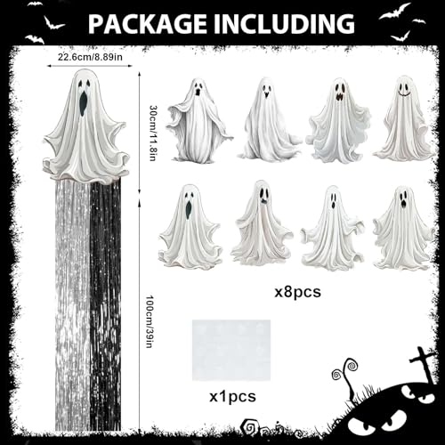 8PCS Outdoor Halloween Ghost Decorations with Silver Tassels for Lawn Garden & Wall