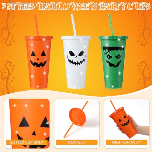 Halloween Plastic Tumblers Set with Lids and Straws - 12 Pack, 24oz, Spooky Pumpkin Design