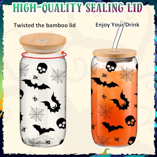 Halloween Glass Cups Set - 12 Spooky Ghost Drinking Glasses with Lids & Straws