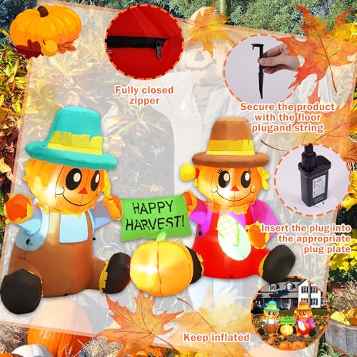 6 FT Fall Inflatable Scarecrow and Pumpkin Outdoor Decor - Built-in LED Lights