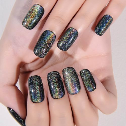 Black Chrome Metallic Cat Eye Press-On Nails Medium Square - 24 Pack, Variation of Medium Square-01 Black Colorful