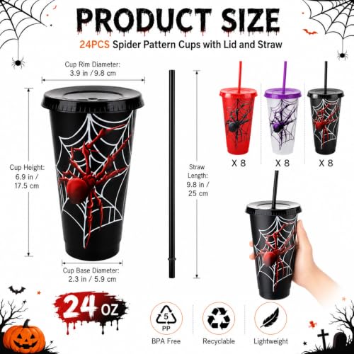24 Pcs Spider Party Cups with Lids & Straws - Halloween & Themed Celebration Set