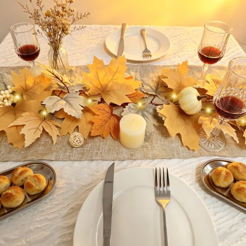 Fall Garland with Lights 4 Pack - Maple Leaves Pumpkin Berries Autumn Decor, 6Ft Each, Halloween Thanksgiving Christmas