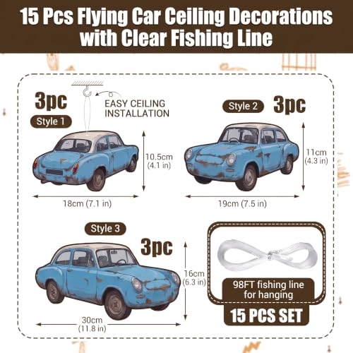 Watersay Flying Blue Car Hanging Decorations - 15 Car Set, 11.8" - Wizard Party Supplies