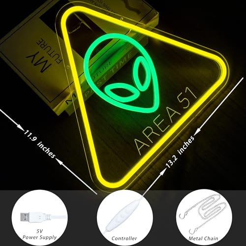 Alien Neon Sign - Area 51 LED Wall Decor with UFO Green Alien & Triangle Frame - Gamer Room & Man Cave Lighting - Variation: Alien