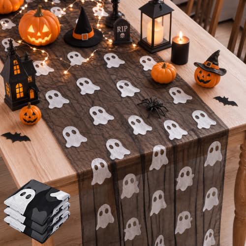 Halloween Table Runner 3 Pack Ghost Gauze 10 ft Embroidered Seasonal Decor - Variation of Ghost
