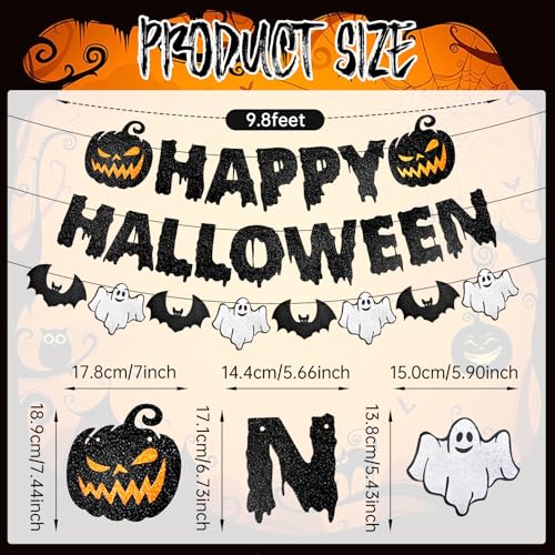 Black Glitter Halloween Banner with Pumpkin Ghost Bat Decorations - Party Wall Decor