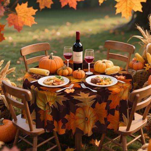 Pumpkin Fall Round Tablecloth 60 Inch - Autumn Thanksgiving Decor - Maple Leaf Black Variation