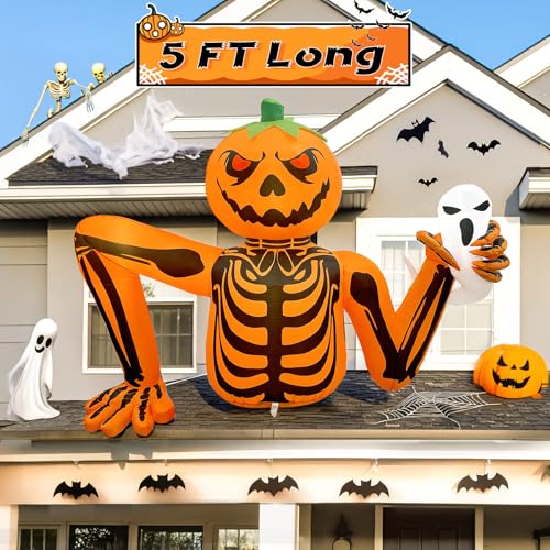 5FT Outdoor Inflatable Pumpkin Skeleton Halloween Decoration with LED Lights