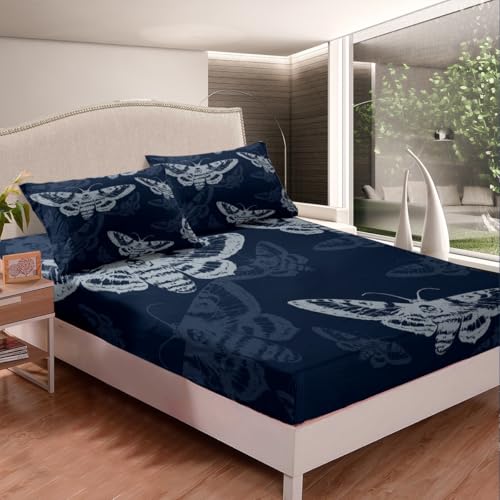Full Size Boho Moth Bed Sheets Set - Navy Blue & White, Fitted & Flat Sheets