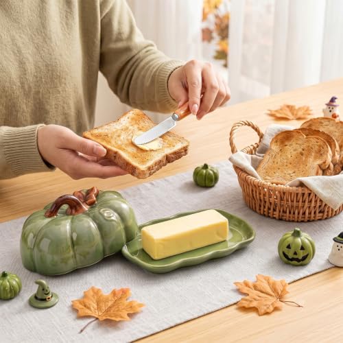 Green Pumpkin Butter Dish Set with Lid - Multi-Purpose Snack Plate for Kitchen & Holidays