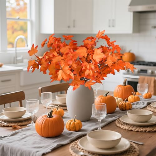 Artificial Maple Leaves Branches - 8PCS 14 Inch Faux Fall Leaves Stem in Orange for Fall Decor & Thanksgiving Centerpieces