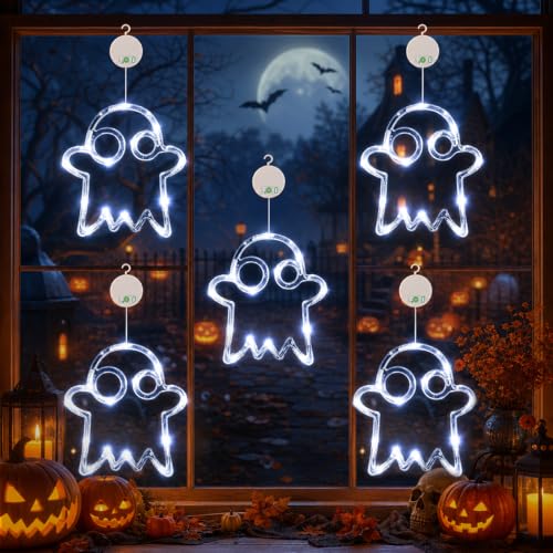 Ghost Halloween Window Lights Set - 5 LED Ghost Silhouettes, Battery Operated, Timer