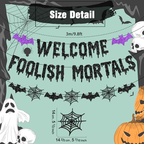 White Welcome Foolish Mortals Halloween Banner No-DIY Party Decoration