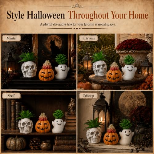 Halloween Decor Mini Ghost Pumpkin Skull Figurines Set - Indoor Seasonal Decorations
