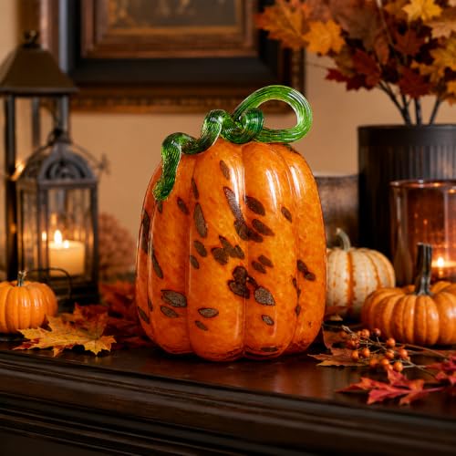 Blown Glass Pumpkin Decor - Classic Orange, Medium Tall, Fall Halloween Table Centerpiece