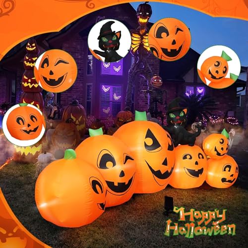10FT Halloween Inflatable Pumpkin Patch with Black Cat & Built-in LED Lights - Outdoor Yard Decor