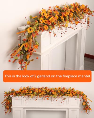 Yellow 2-Pack 6Ft Fall Garland for Mantel Decoration Sunflower Leaf & Berries
