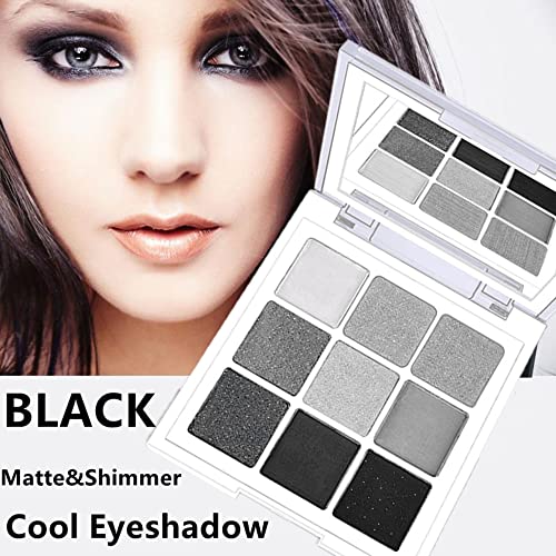 Shimmer & Matte Eyeshadow Palette - 9 Black Silver Gray Glitter & Matte Set - Halloween Makeup