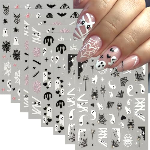 Halloween Nail Stickers 8Pcs Ghost Spider Web 3D Rhinestone Decals for Women DIY Nails - Diamond Spider Ghost Variation