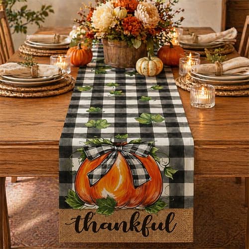 Fall Table Runner with Buffalo Plaid Bowknot Pumpkin Thankful Decor for Dining Table
