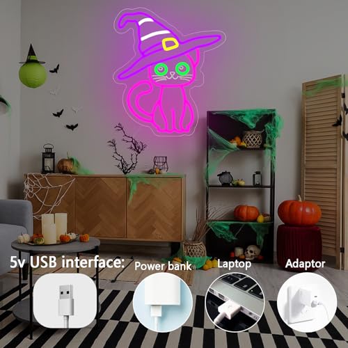 Halloween Cat Neon Sign Dimmable Multi-Color LED Halloween Decoration with Variation - White, Purple, Yellow, Green, Pink