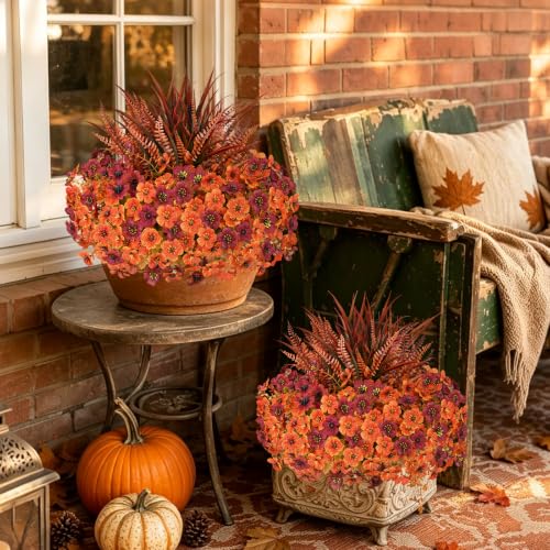 Artificial Fall Flowers Set with UV-Resistant Mums & Plants - Red Orange