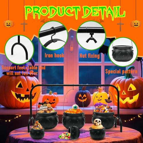 Halloween Cauldron Set with Rack - 3 Large & 6 Mini Black Plastic Cauldrons for Party Decor