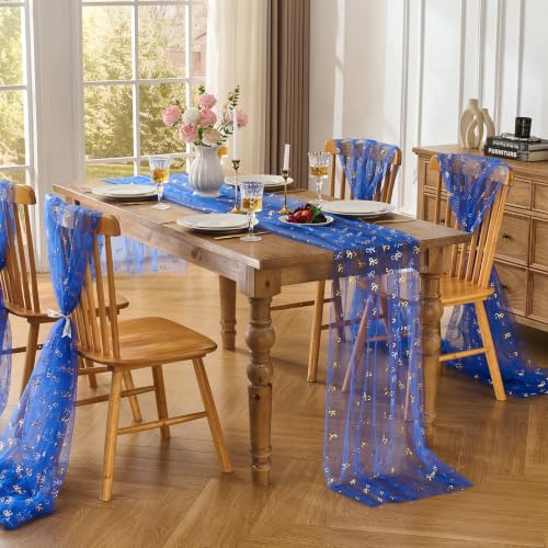 Royal Blue Gold 10FT Bow Table Runner 3Pc Sheer Gauze Sequin Tulle